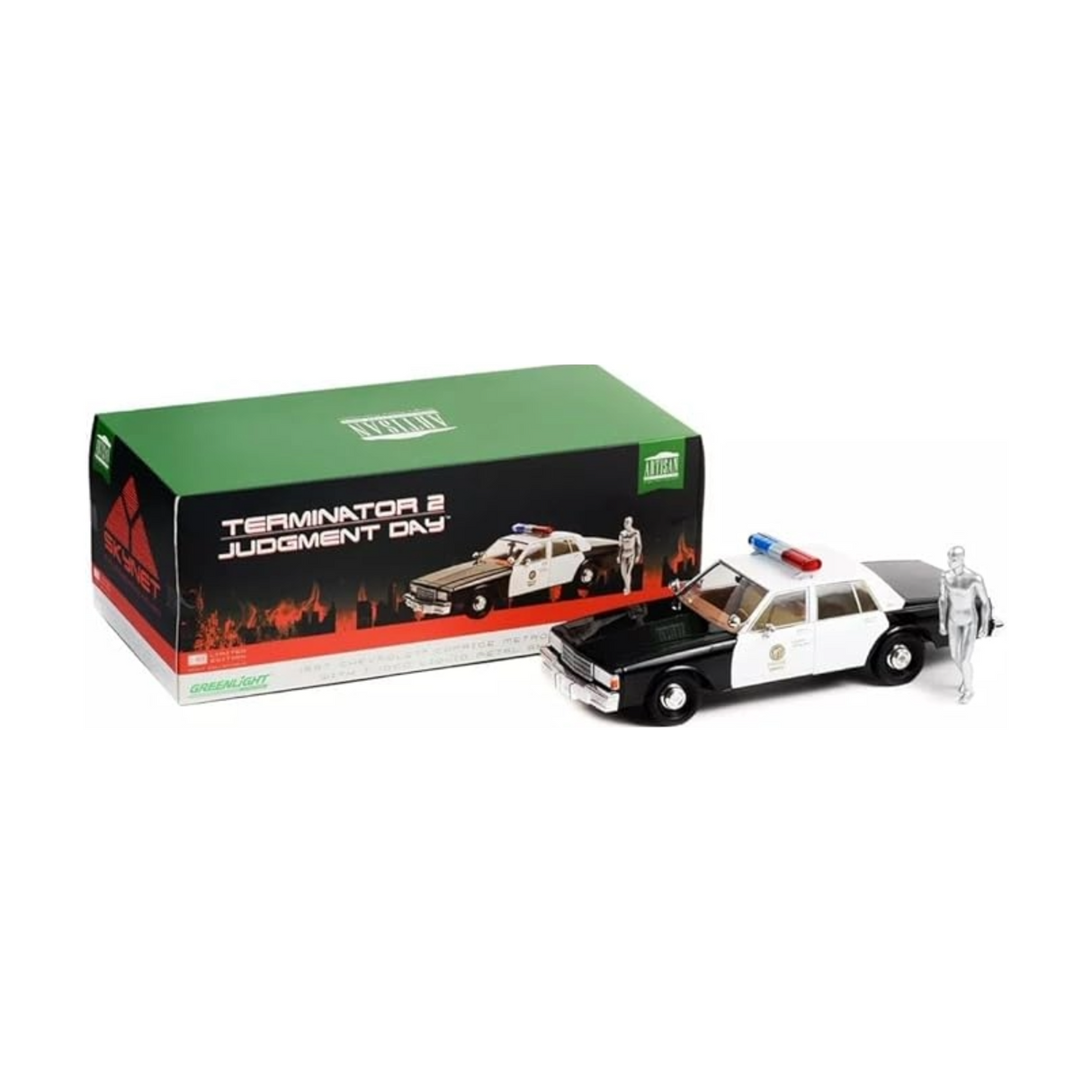 1987 Chevrolet Caprice Metropolitan Police Black and White with T-1000 Liquid Metal Android Diecast Figure