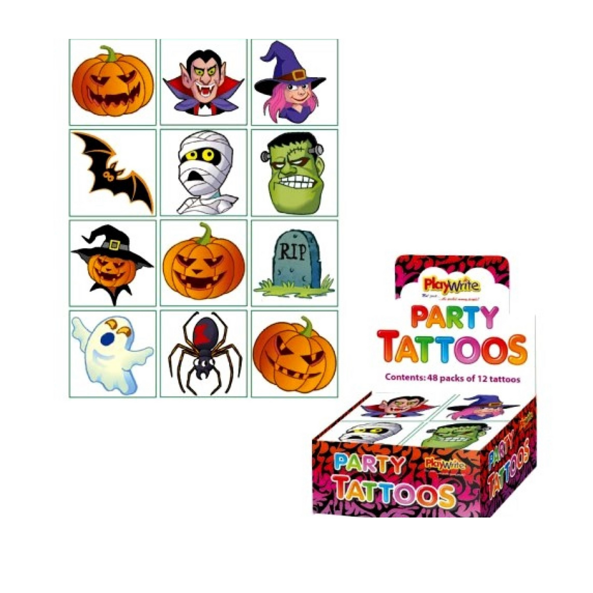 Playwrite Halloween Tattoos 6 Packs of 12 Assorted Designs