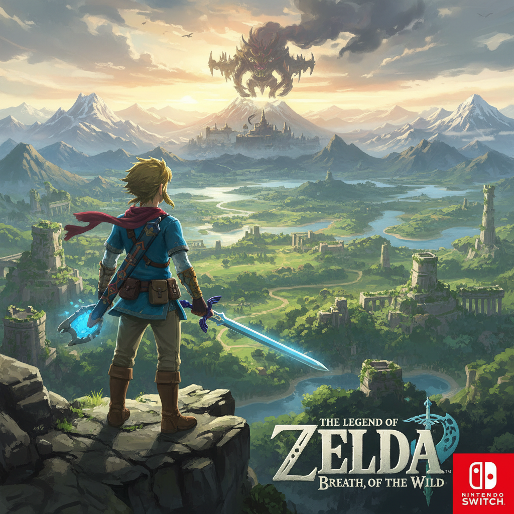 The Legend of Zelda Breath of the Wild featuring Link overlooking Hyrule